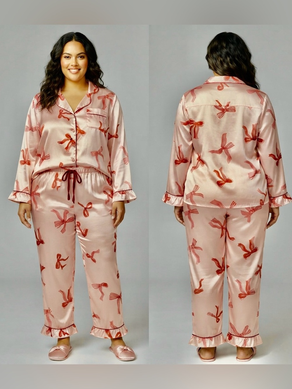 NWT Bella Sleep + Spa Pink & Red Bow Satin Pajama Set Size L